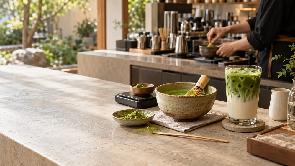 Complete matcha guide with a matcha bowl, bamboo whisk, iced matcha latte, and café preparation station