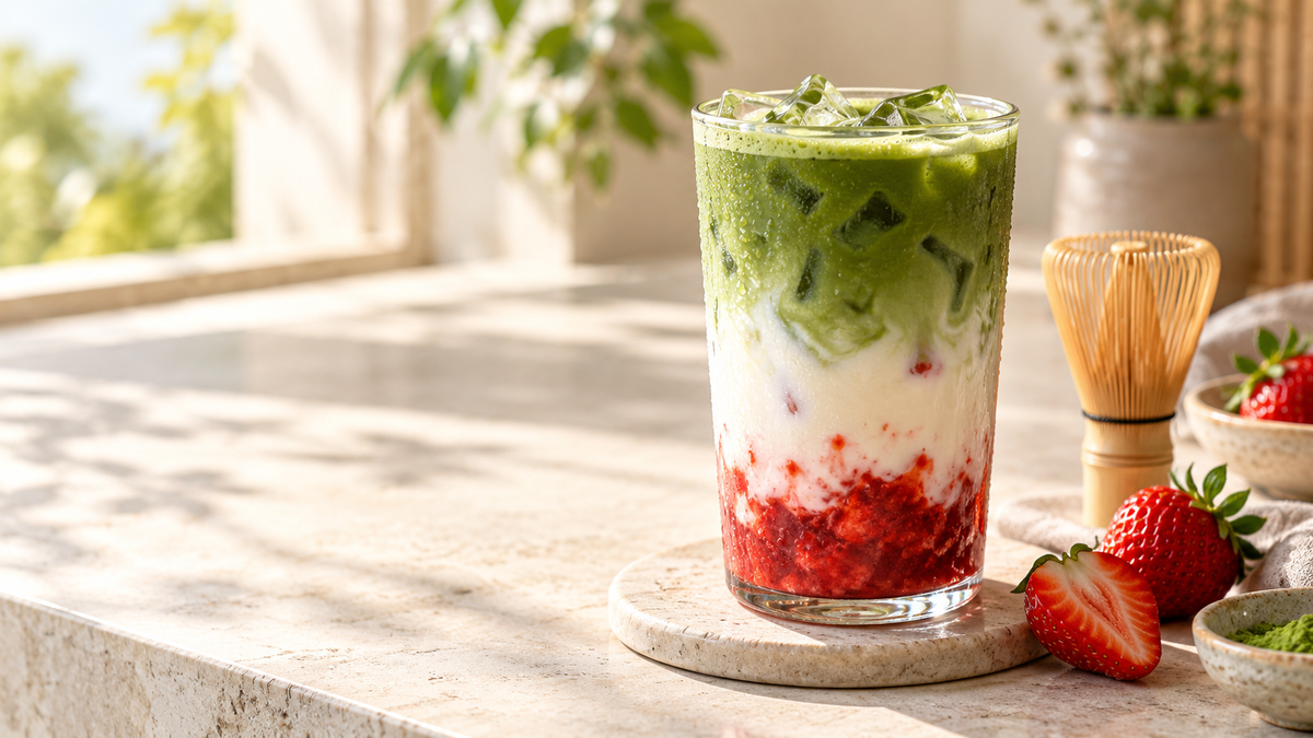Layered iced strawberry matcha latte with fresh strawberries and a bamboo whisk