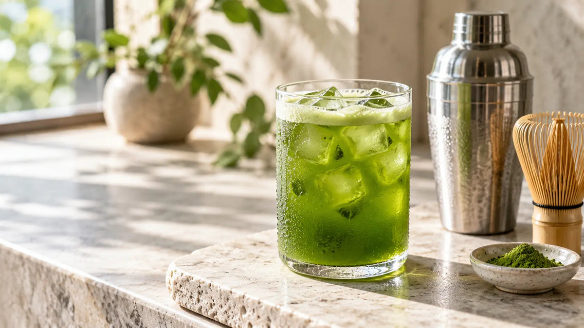 Iced shaken matcha with water, ice, a cocktail shaker, bamboo whisk, and sifted matcha powder