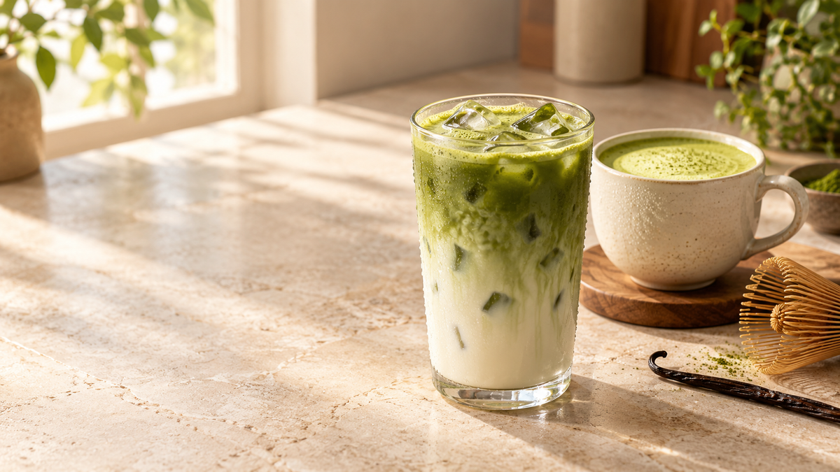 Iced and hot vanilla matcha lattes with a bamboo whisk and vanilla bean