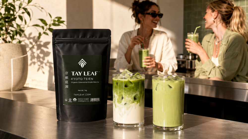 Professional café matcha preparation for bulk drink service
