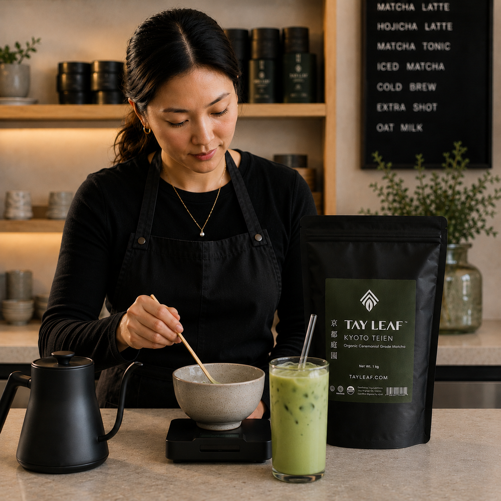 Café barista preparing a concentrated Kyoto Teien matcha base for lattes