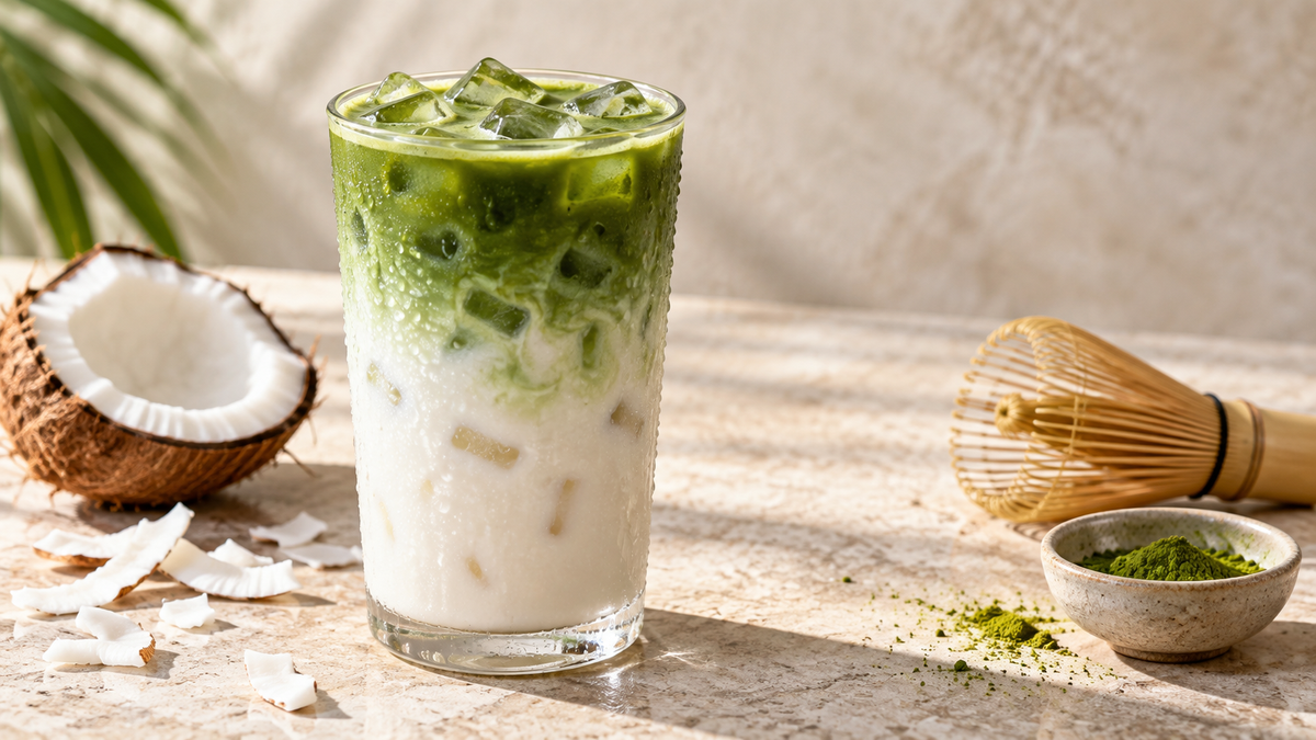 Layered coconut matcha latte with coconut milk and first-harvest matcha