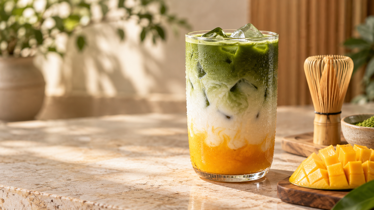 Layered iced mango matcha latte with ripe mango and a bamboo whisk