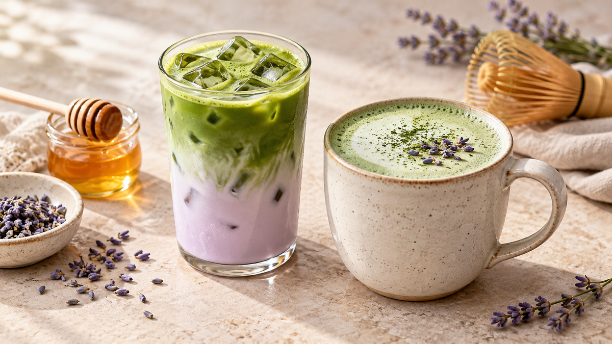 Honey lavender matcha latte made with first-harvest Japanese matcha