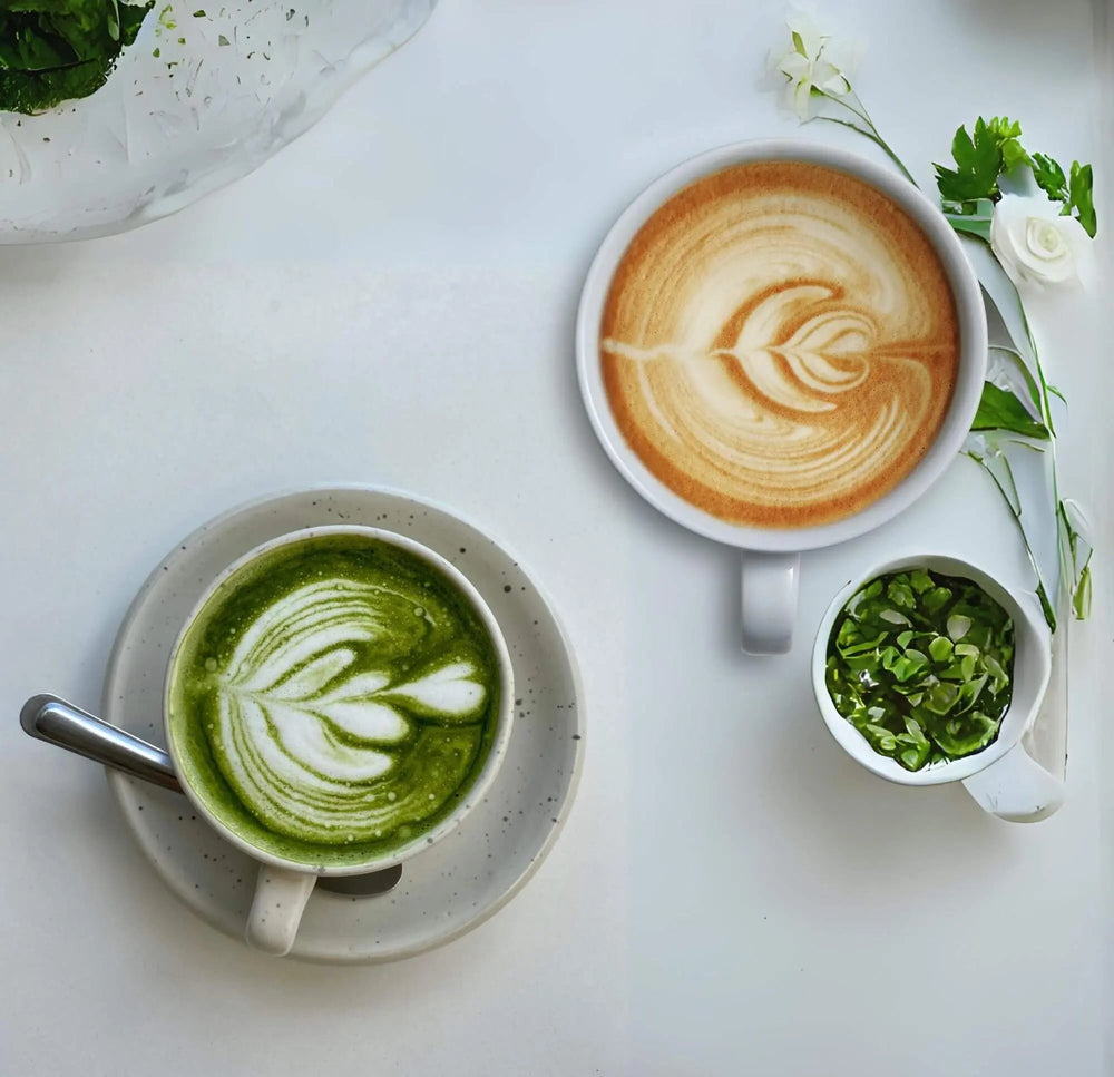 Matcha and coffee prepared side by side for comparison