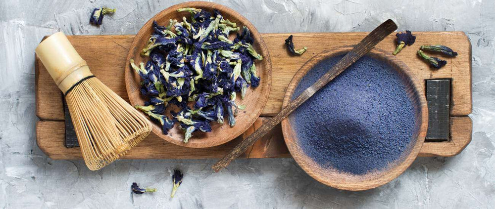 Blue butterfly-pea powder contrasted with traditional green matcha