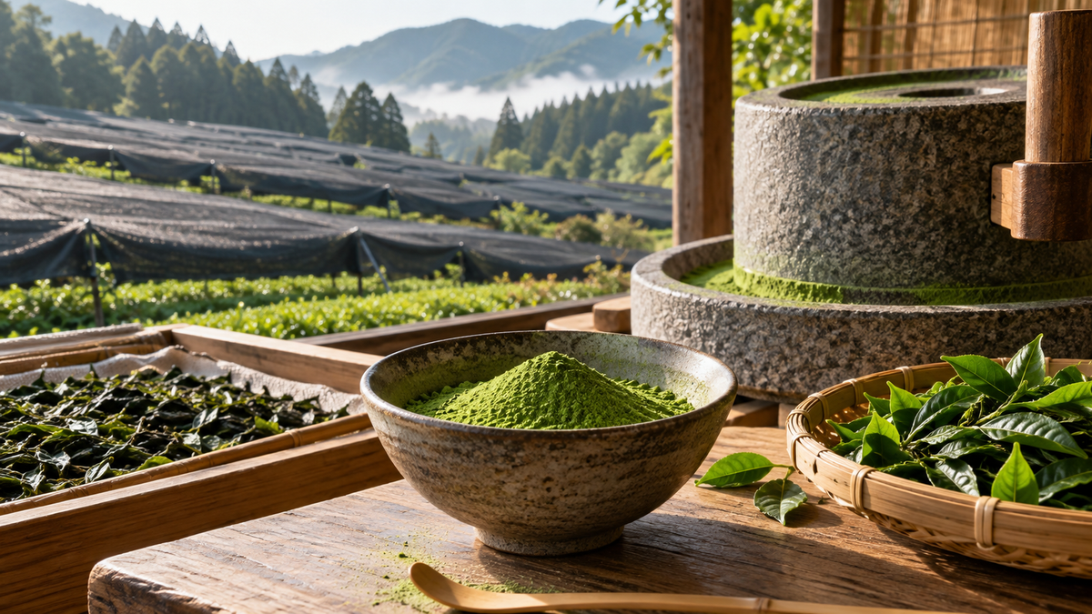 First-harvest Japanese tencha, matcha powder and stone milling illustrating matcha production costs