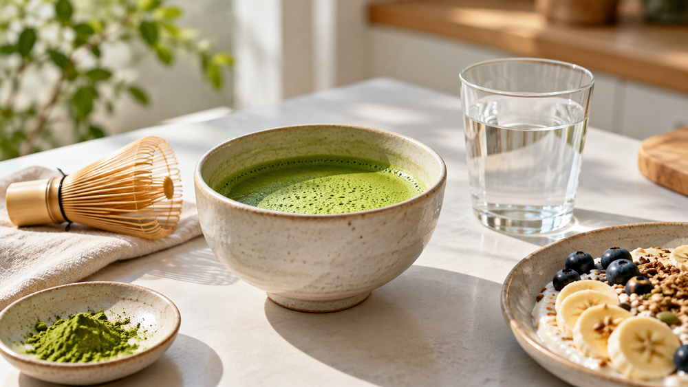 Bowl of prepared matcha with water and breakfast for an article about matcha and digestion