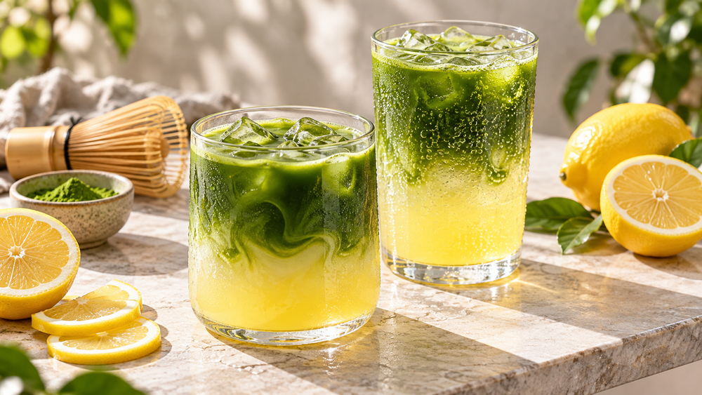 Fresh matcha lemonade with lemon and first-harvest Japanese matcha