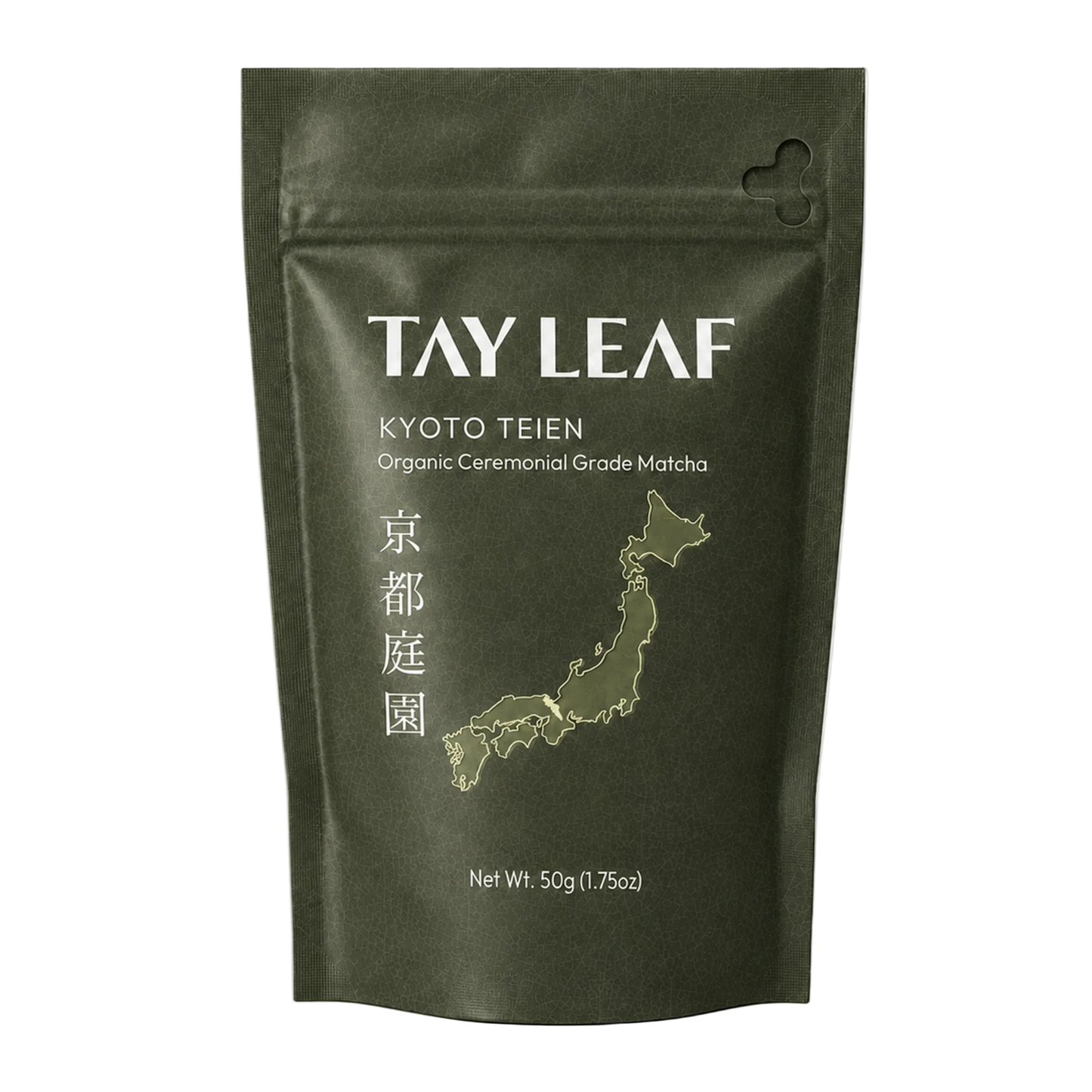 A 50g stand-up pouch of TAY LEAF Kyoto Teien matcha green tea, featuring a dark olive green packaging with white and gold text and a map of Japan.