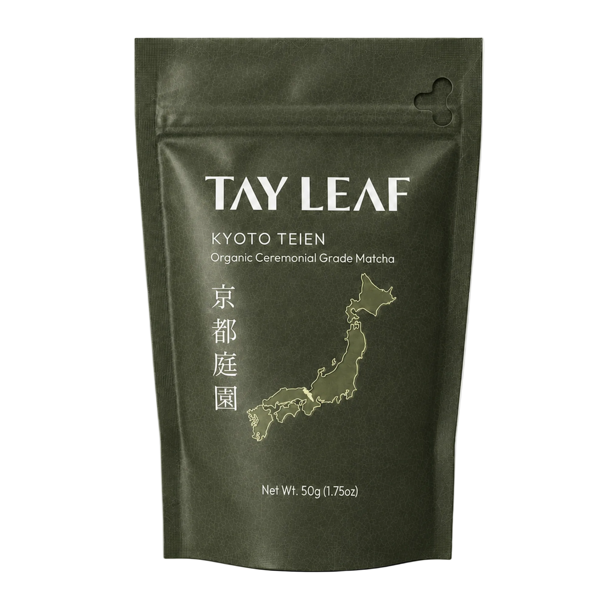 A 50g stand-up pouch of TAY LEAF Kyoto Teien matcha green tea, featuring a dark olive green packaging with white and gold text and a map of Japan.