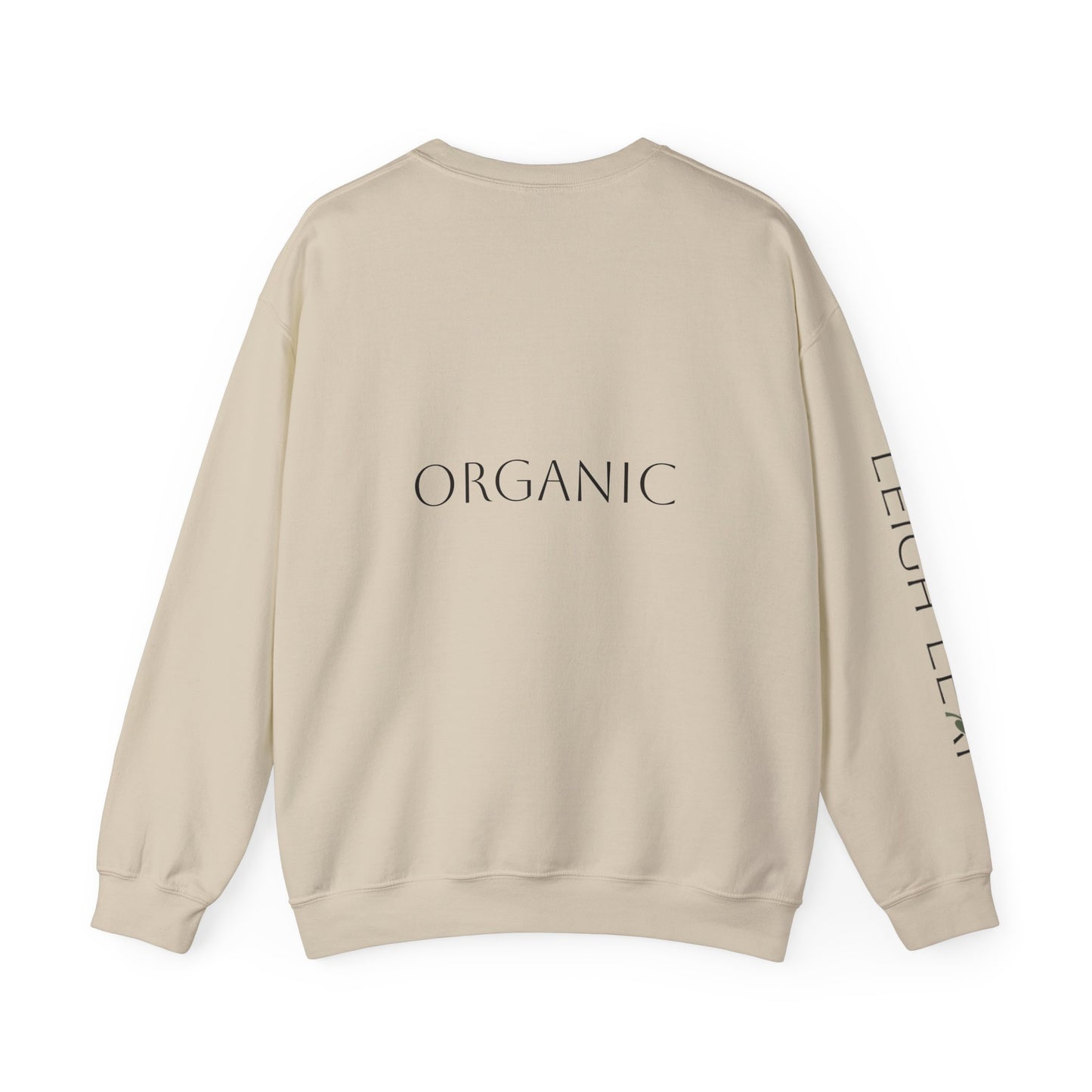 Back view of Leigh Leaf Unisex Crewneck Sweatshirt in beige, featuring 'ORGANIC' text, highlighting its eco-friendly material, ideal cozy sweatshirt for matcha lovers.
