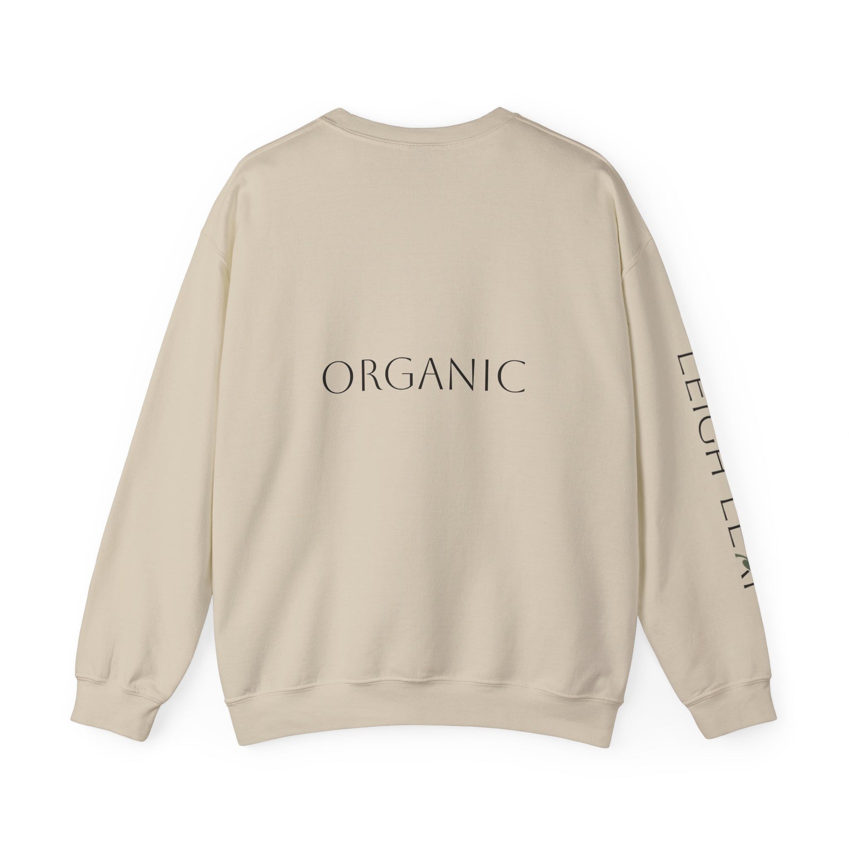 Back view of Leigh Leaf Unisex Crewneck Sweatshirt in beige, featuring 'ORGANIC' text, highlighting its eco-friendly material, ideal cozy sweatshirt for matcha lovers.