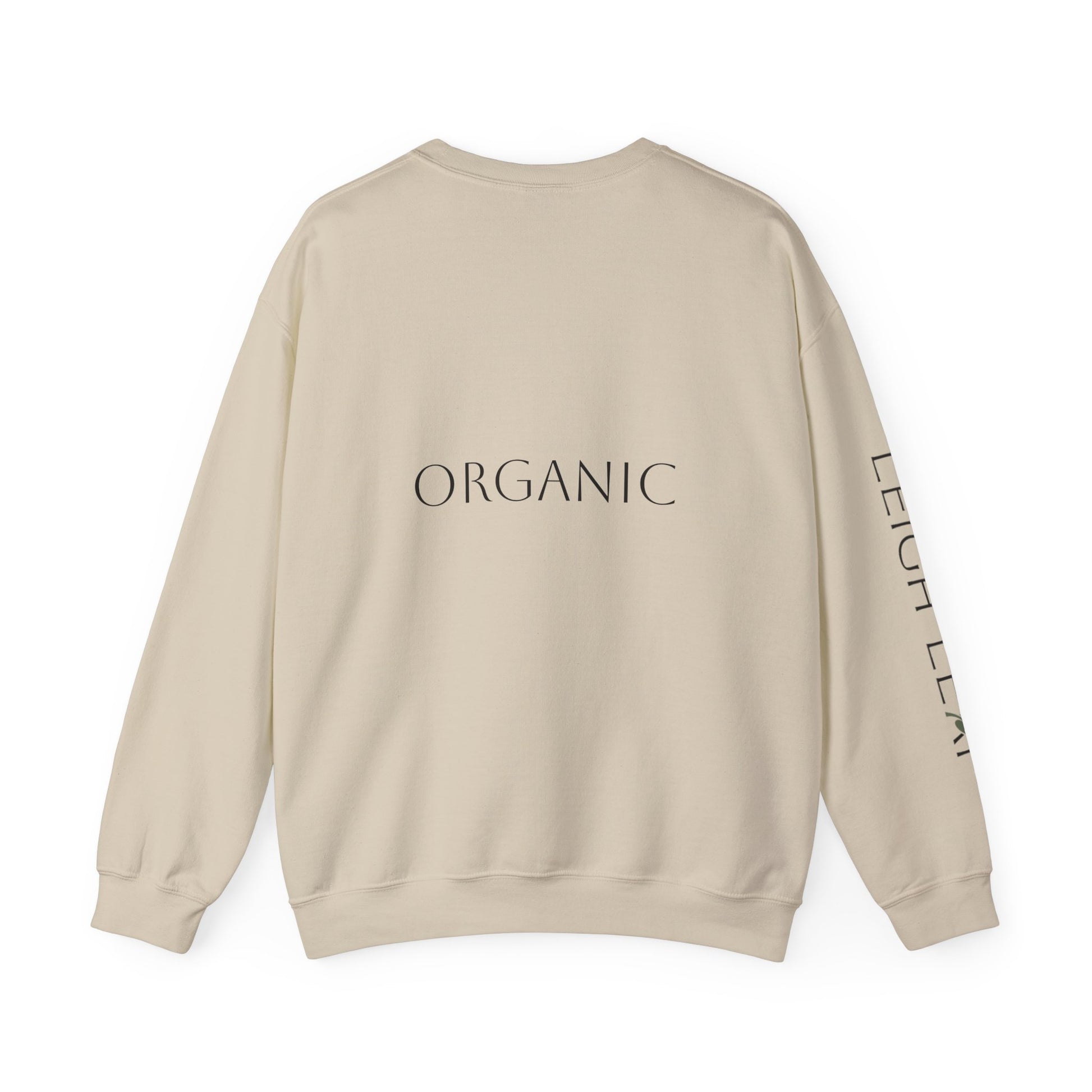 Back view of Leigh Leaf Unisex Crewneck Sweatshirt in beige, featuring 'ORGANIC' text, highlighting its eco-friendly material, ideal cozy sweatshirt for matcha lovers.