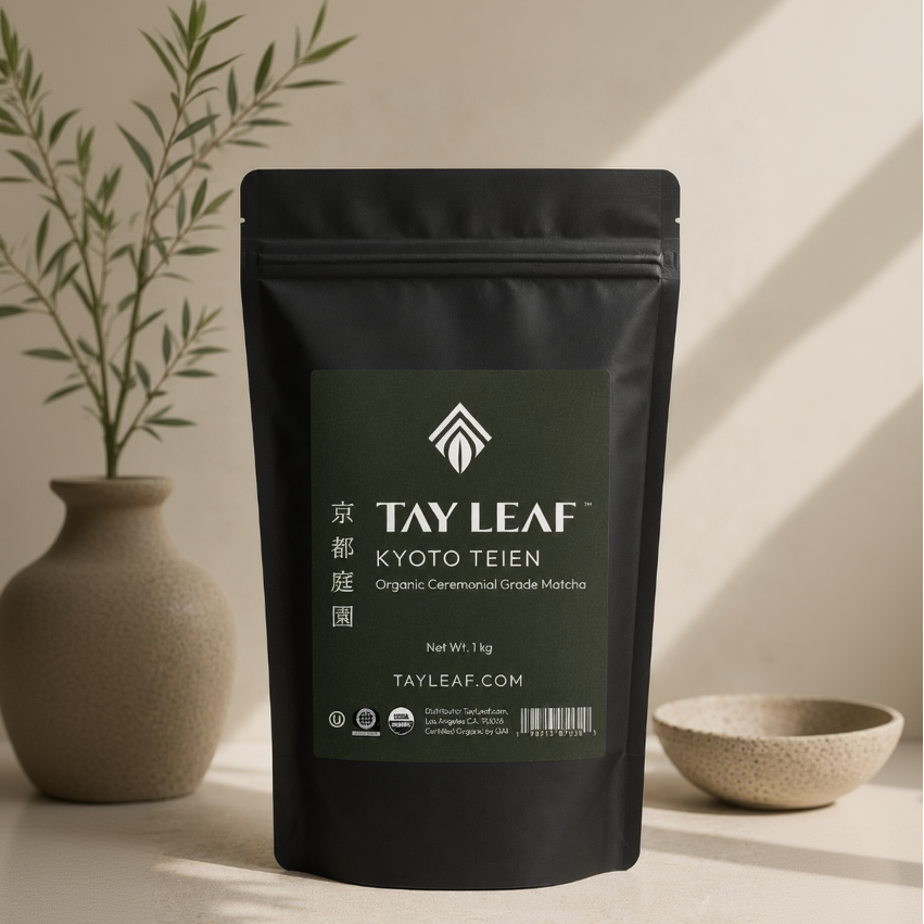 Tay Leaf Kyoto Teien organic ceremonial grade matcha 1kg bag on a black stand-up pouch.