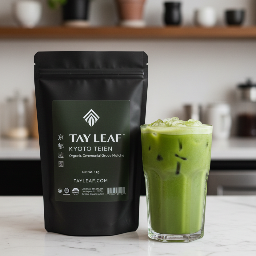 Tay Leaf Kyoto Teien organic ceremonial grade matcha 1kg bag on a black stand-up pouch.