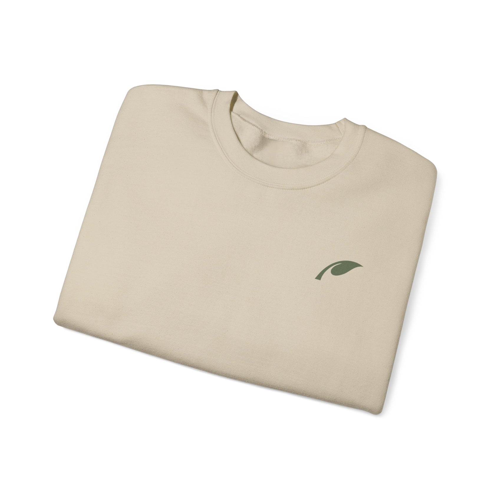 Folded Leigh Leaf Unisex Crewneck Sweatshirt in beige, displaying the logo, a stylish and cozy sweatshirt for matcha lovers.