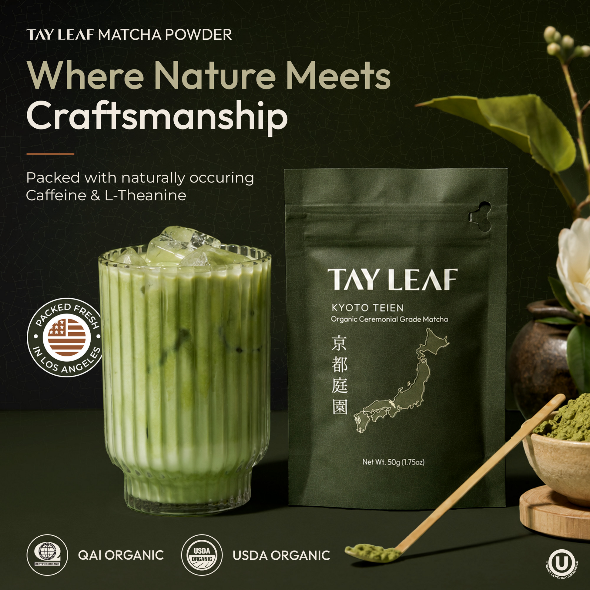 Tay Leaf Matcha Powder packaging shown alongside a prepared iced matcha drink in a glass, with a spoon of green powder and decorative leaves on a dark background. Text on the image includes 'TAY LEAF MATCHA POWDER', 'Where Nature Meets Craftsmanship', and organic certification badges.