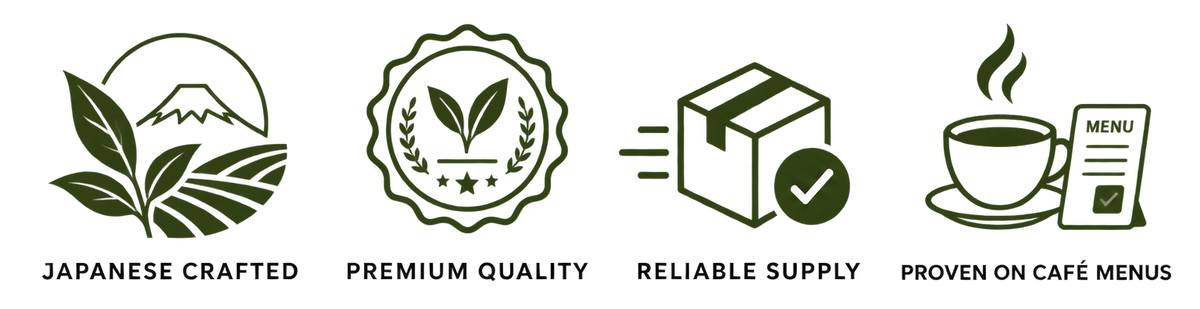 Four dark green icon-style graphics with text on a white background: a leaf-and-mountain emblem labeled 'JAPANESE CRAFTED,' a laurel seal labeled 'PREMIUM QUALITY,' a shipping box with a check mark labeled 'RELIABLE SUPPLY,' and a coffee cup with a menu card labeled 'PROVEN ON CAFÉ MENUS.'.