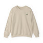 Leigh Leaf Unisex Crewneck Sweatshirt in soft beige, perfect cozy sweatshirt for matcha lovers, showcasing elegant branding on the front.