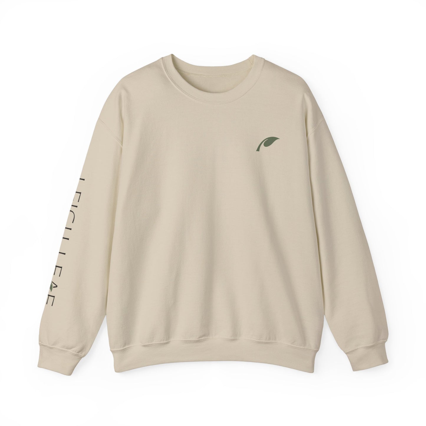 Leigh Leaf Unisex Crewneck Sweatshirt in soft beige, perfect cozy sweatshirt for matcha lovers, showcasing elegant branding on the front.
