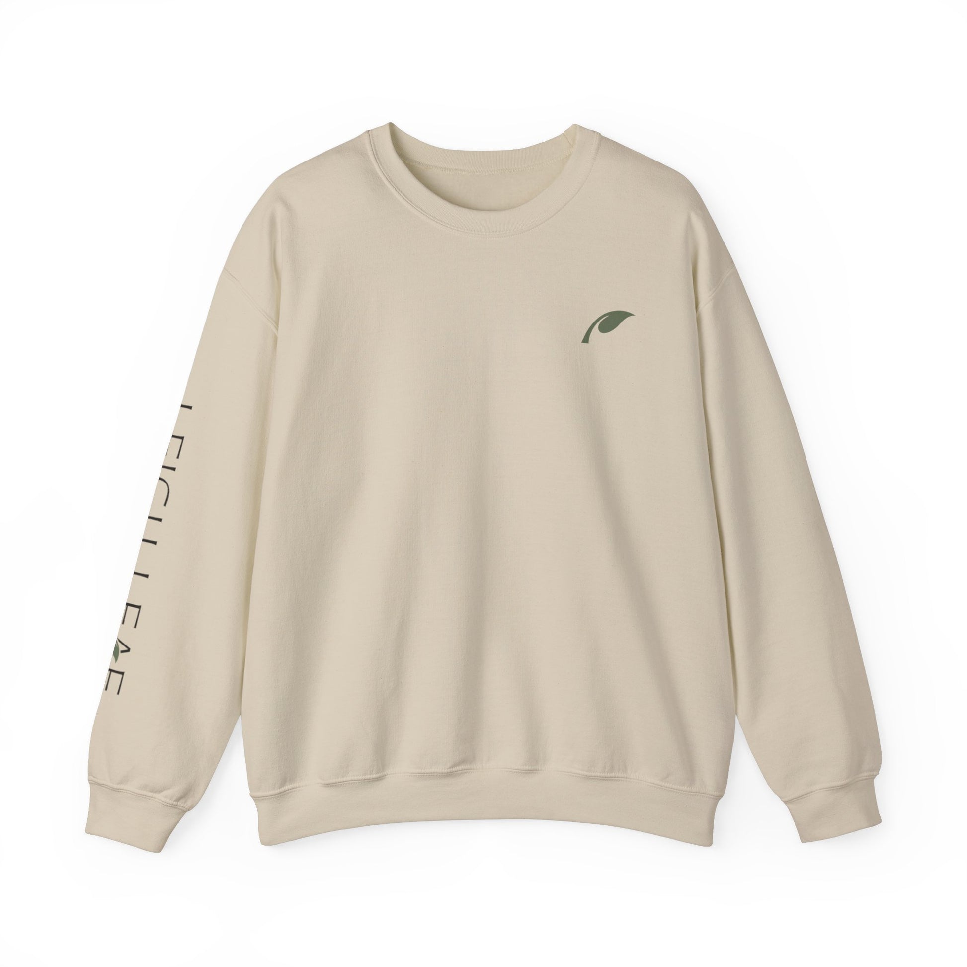 Leigh Leaf Unisex Crewneck Sweatshirt in soft beige, perfect cozy sweatshirt for matcha lovers, showcasing elegant branding on the front.