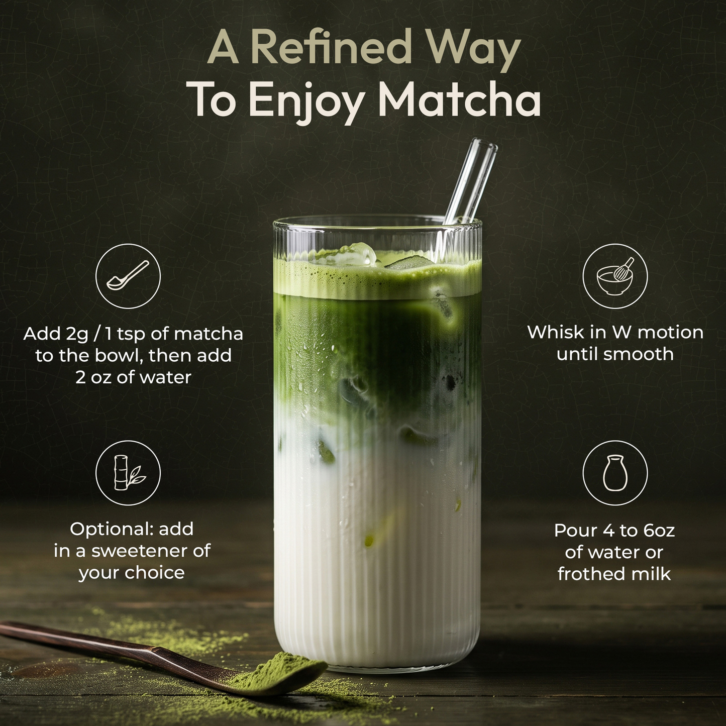A glass of layered green and white iced matcha drink with a clear straw, centered on a dark background with instructional text and icons around it. A spoon of matcha powder lies at the bottom left.