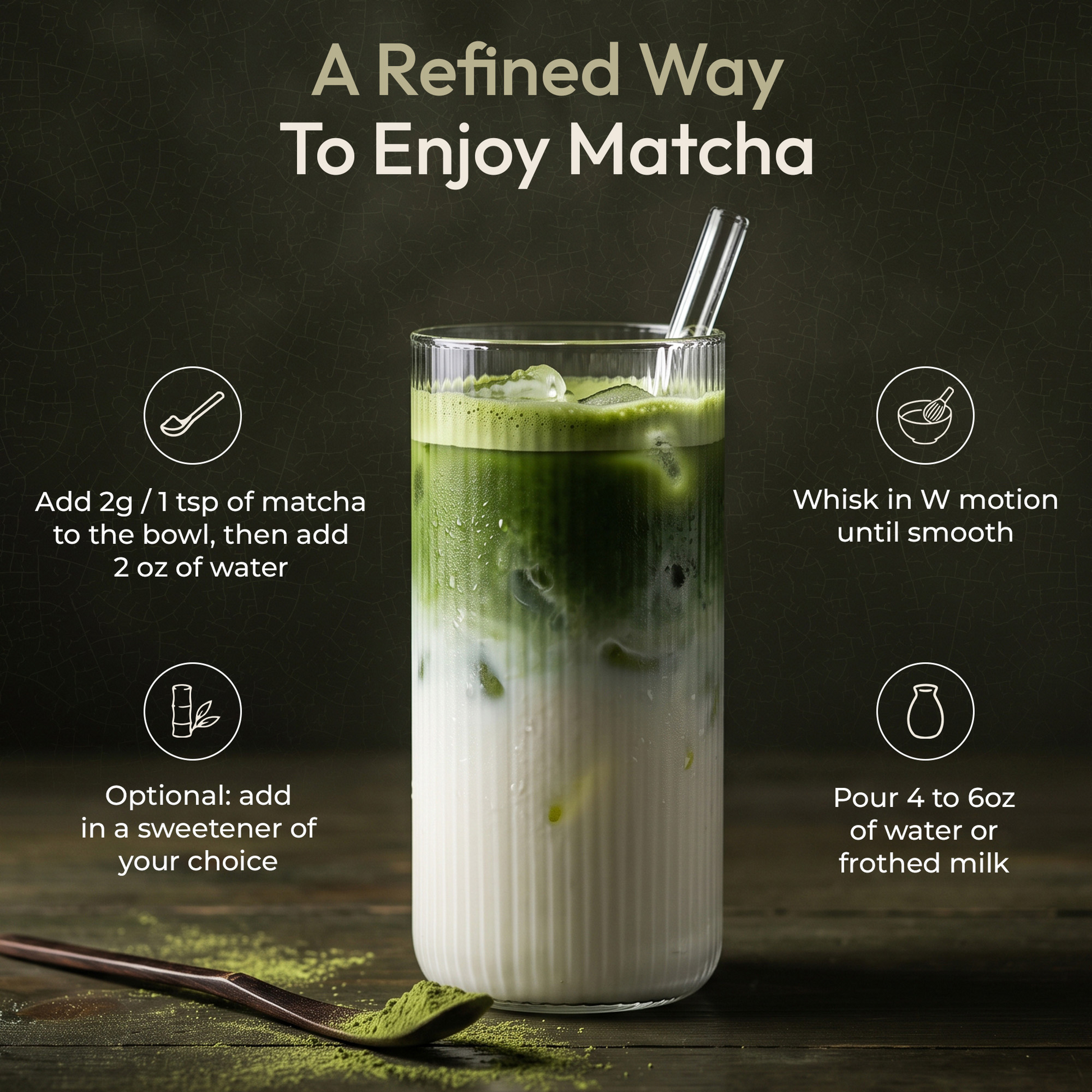 A glass of layered green and white iced matcha drink with a clear straw, centered on a dark background with instructional text and icons around it. A spoon of matcha powder lies at the bottom left.