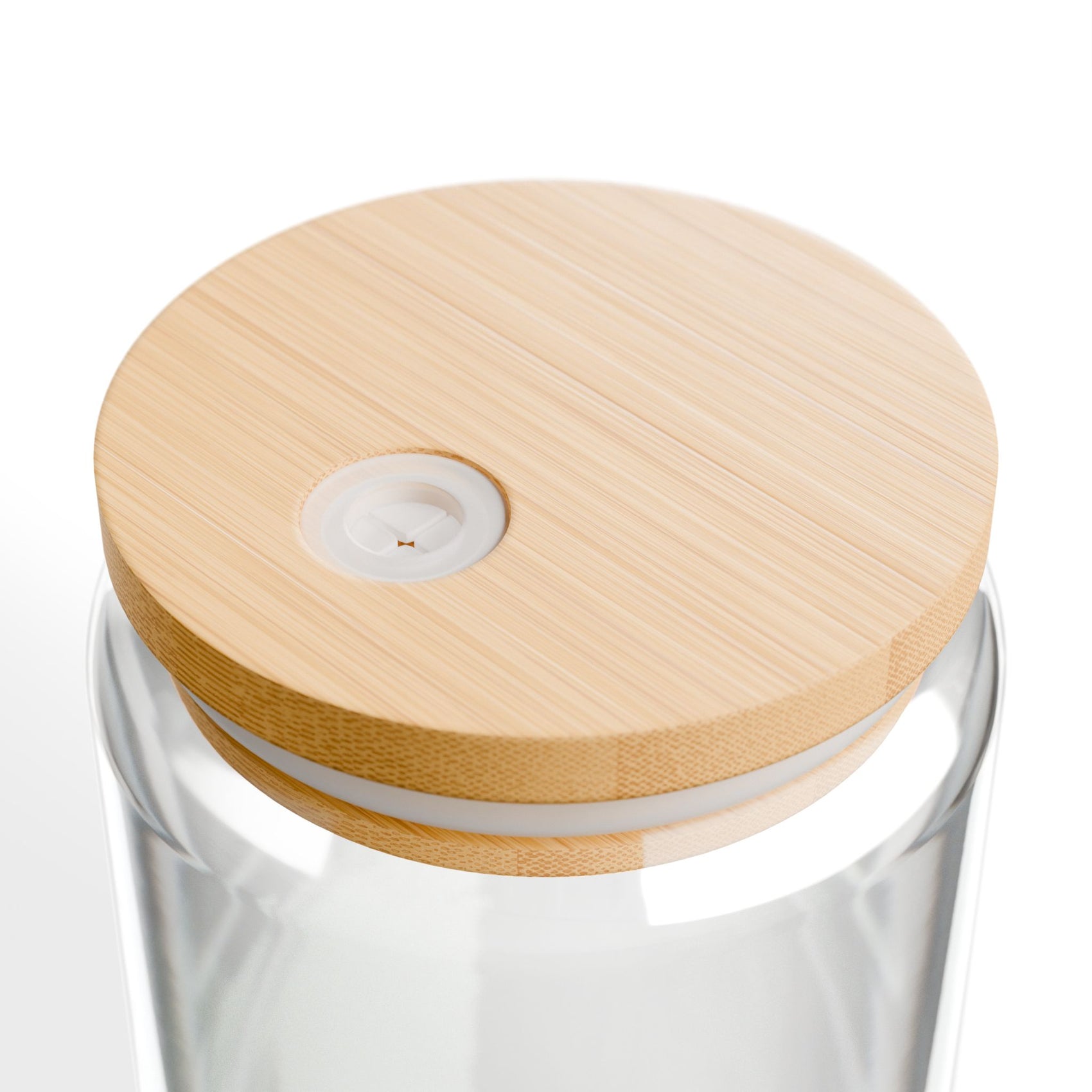 An overhead view of the bamboo lid for Leigh Leaf's Elegant 16oz Matcha Sipper Glass, designed for a perfect matcha glass sipper experience.