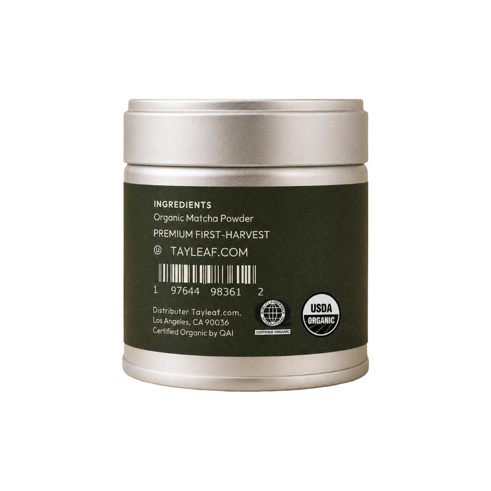 Tayleaf Organic Matcha Powder container with label on a white background